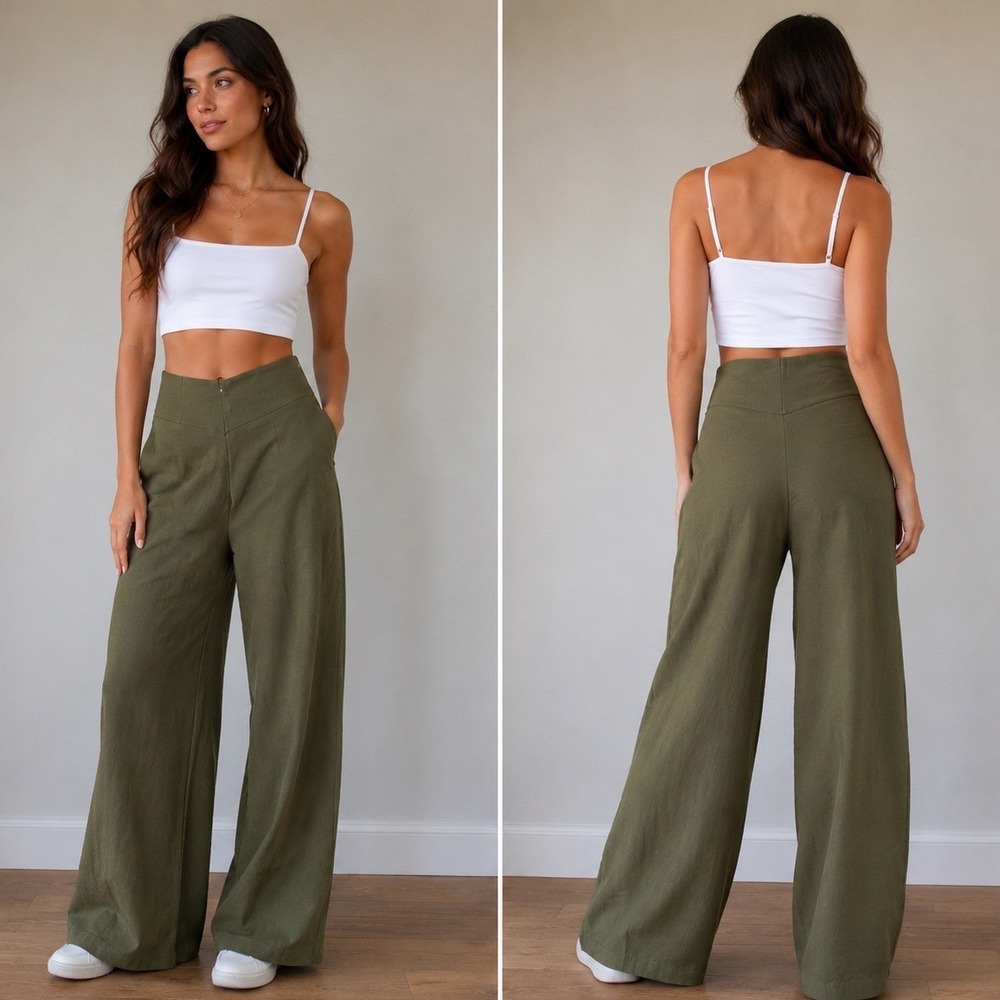 JLUXLABEL Olive Green Linen Blend High Waisted Wide Leg Pants NWT Small